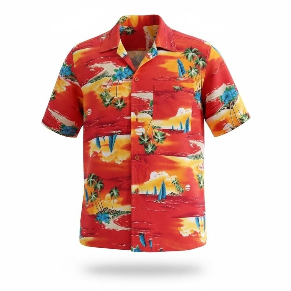 Vtg Trans-Pacific Textiles Made In Hawaii Shirt Mens‎ L Red Tropical Sunset Palm